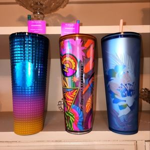 Starbucks Tumblers Lisa Frank Blue Floral Soft Touch Rainbow Grid